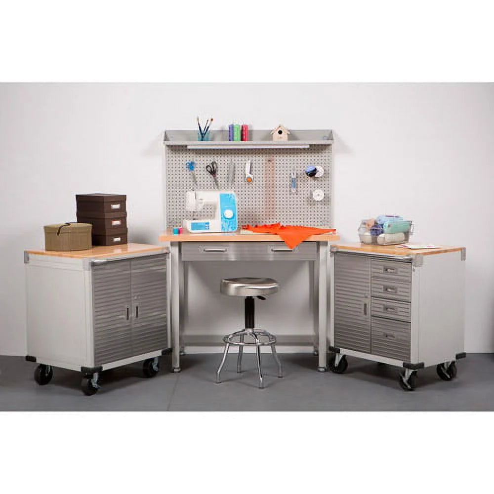 Seville Classics UltraHD® Heavy Duty Rolling Cabinet Workbench Table w/ Solid Wood Top, Workstation for Garage, Office, Workshop, Granite, 1-Door, 4-Drawer (28" W x 25" D)