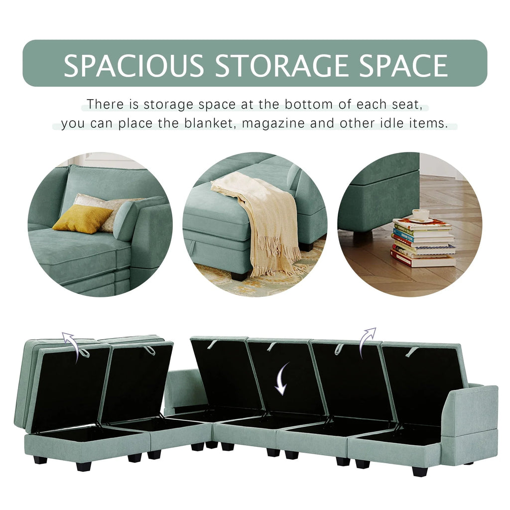 Euroco Large U-Shaped Sectional Sofa 6 Seat Convertible Sofa with Storage Seat, Modular Sofa with 2 Stools, Green