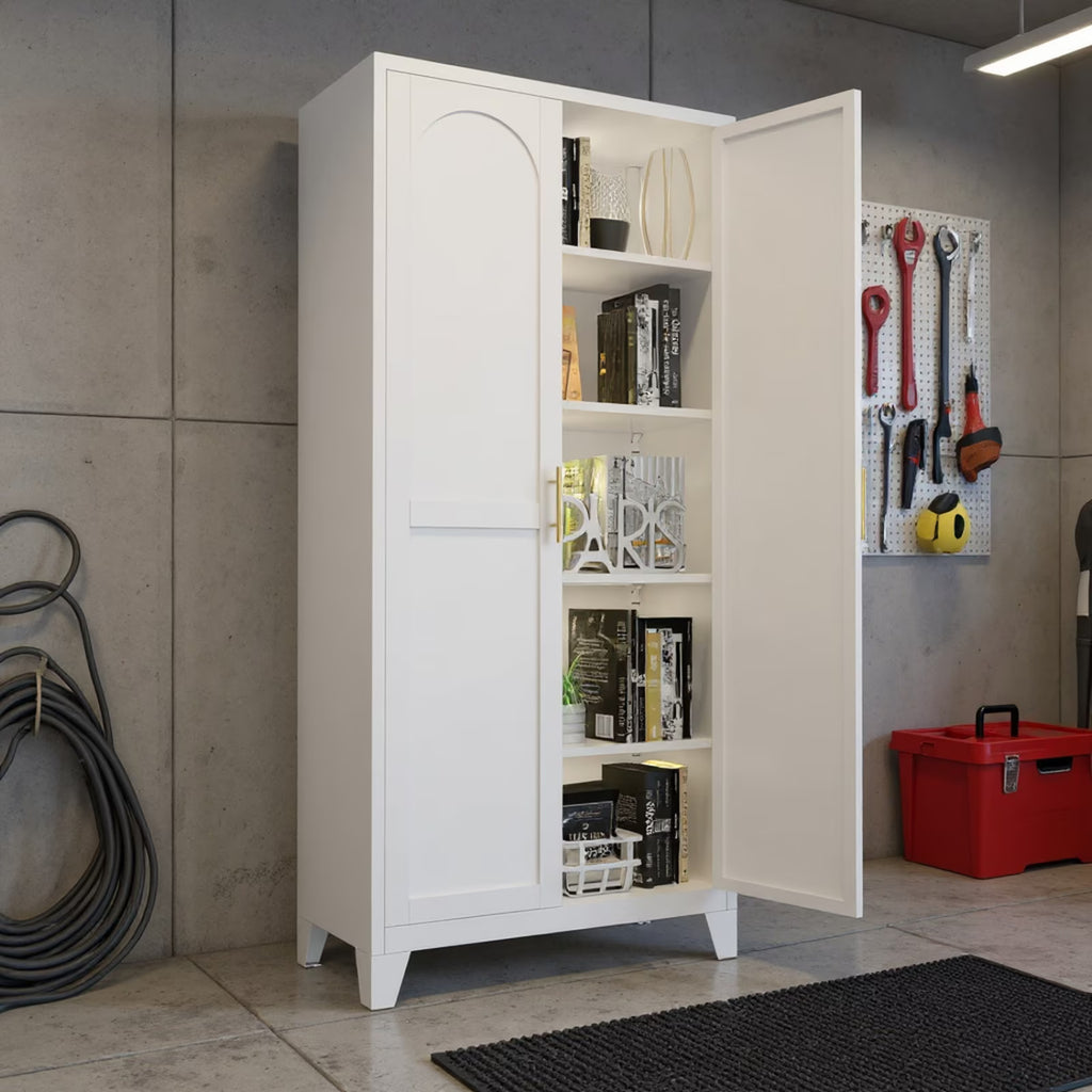 Homy Casa Garage Storage Cabinet with 2 Doors, Adjustable Shelves, Heavy Duty Organizer, White