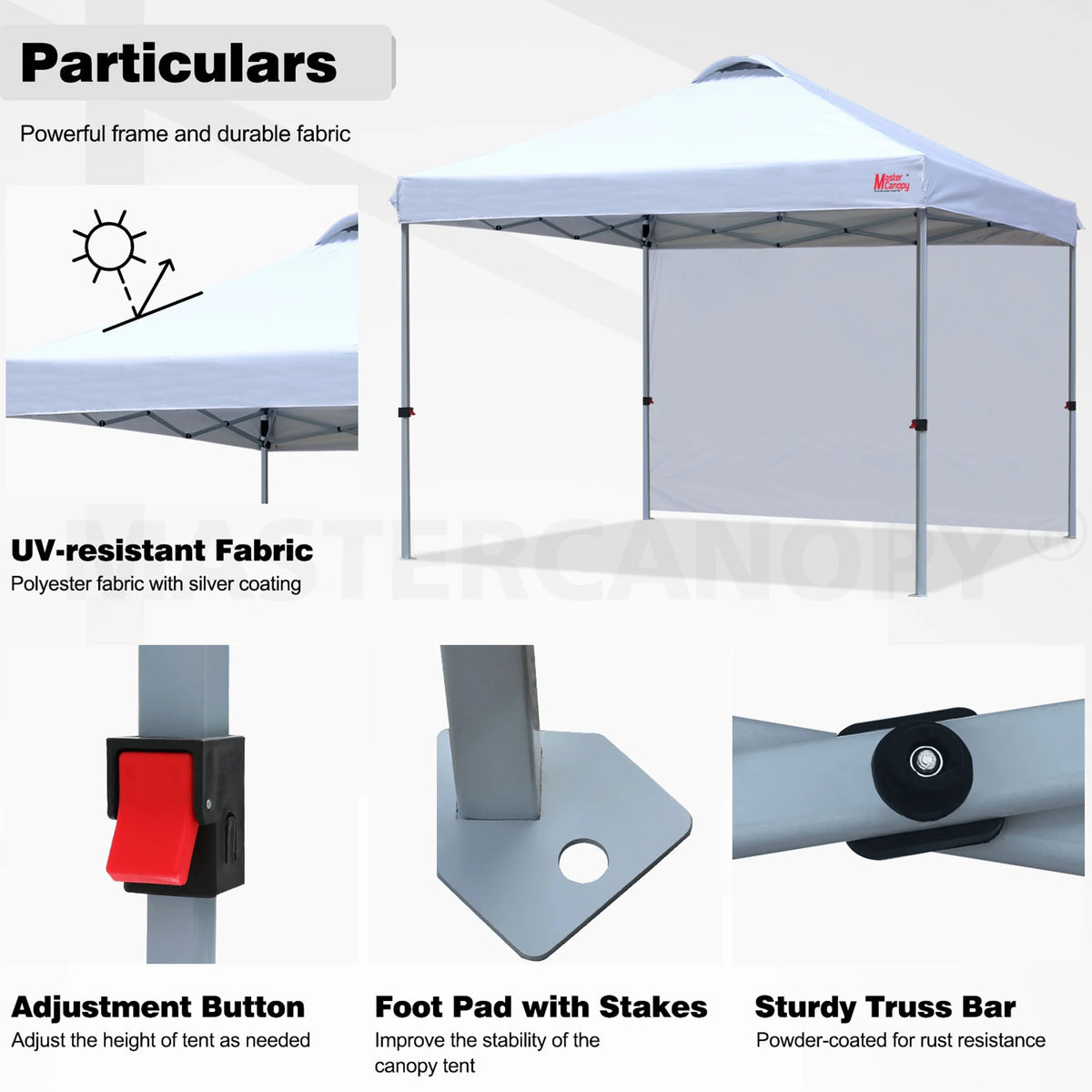MASTERCANOPY 10' x 10' Easy Pop-up Canopy Tent Outdoor Shade Shelter with 1 Sidewall, White