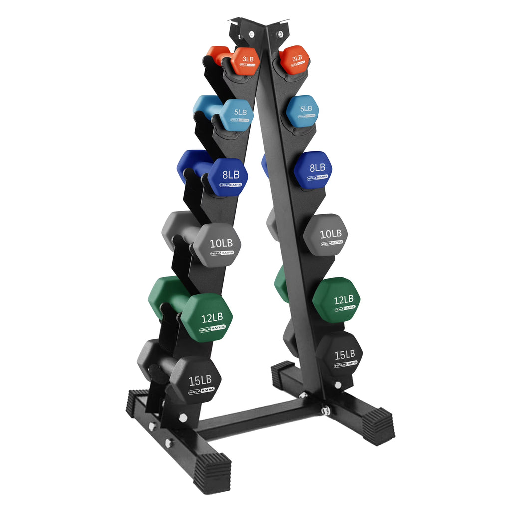 HolaHatha Neoprene Dumbbell Weight Set with Rack (Black), 112.5 lb