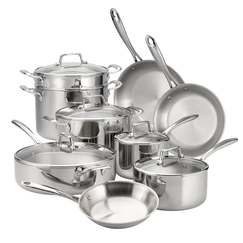 Tramontina 14-Piece Tri-Ply Clad Stainless Steel Cookware Set, with Glass Lids