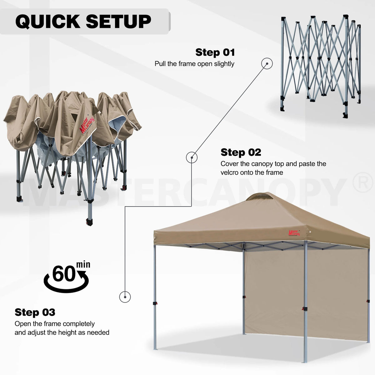 MASTERCANOPY 10' x 10' Easy Pop-up Canopy Tent Outdoor Shade Shelter with 1 Sidewall, White