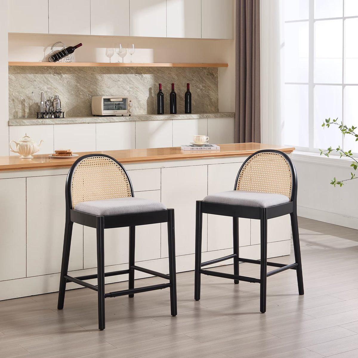 Guyou Modern Bar Stools Set of 2, 26" Counter Height Bar Stools with Natural Rattan Back and Solid Wood Frame, Sherpa Upholstered Kitchen Island Chairs for Bar Island Cafe Kitchen, Black