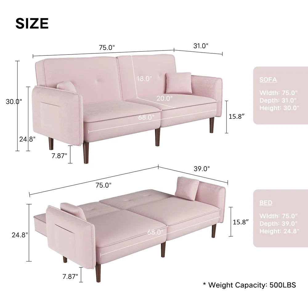 Convertible Futon Sofa Bed, 75�� Fabric Futon Couch with Adjustable Backrest, Folding Futon Sleeper Recliner for Living Room Furniture (White)