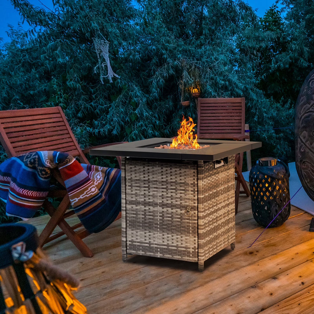 28" Fire Pit Table, Propane Fire Pit with Lid, Lava Rocks, 50000 BTU Outdoor Gas Fire Pit, Metal Square Propane Fire Pit for Outside Garden Backyard Deck Patio, Brown, LLL4008