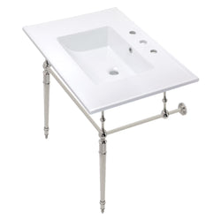 Kingston Brass KVPB31227W8PN Edwardian 31" Ceramic Console Sink with Brass Legs (8-Inch, 3-Hole), White/Polished Nickel