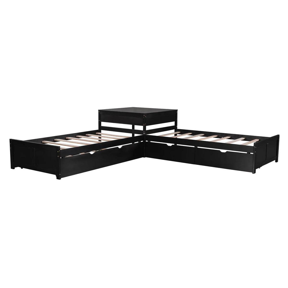 Euroco Wood Twin Size L-Shaped Platform Bed with Square Storage Table for Kids Teens, 2 Platform Beds with Trundle and Drawers for Living Room, 3 Twin Beds, Gray
