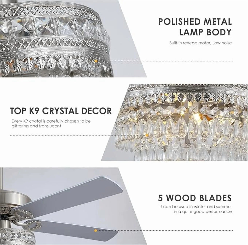 YIOSI 52" Crystal Ceiling Fan Fandelier with Remote Control, Modern Chrome Chandelier Ceiling Fan, Whisper-Quiet Motor, Reversible Blades, LED Lighting, Energy-Efficient, Elegant Living Room Fan
