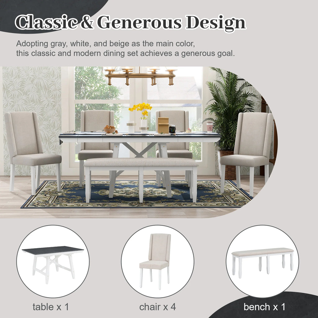 6 Piece Extendable Dining Table Set, Atumon Wood Dining Room Set for 6, Dining Table Set with 4 Beige Cushioned Chairs and Bench, Farmhouse Dining Table Set Furniture for Kitchen Dining Room, Natural