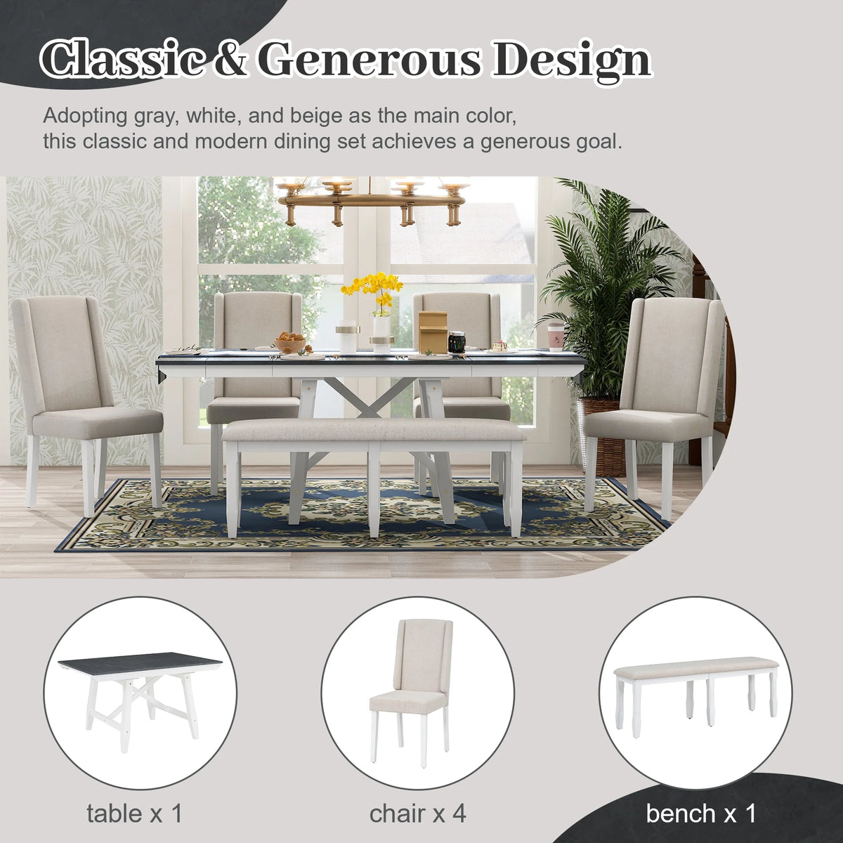 6 Piece Extendable Dining Table Set, Atumon Wood Dining Room Set for 6, Dining Table Set with 4 Beige Cushioned Chairs and Bench, Farmhouse Dining Table Set Furniture for Kitchen Dining Room, Natural