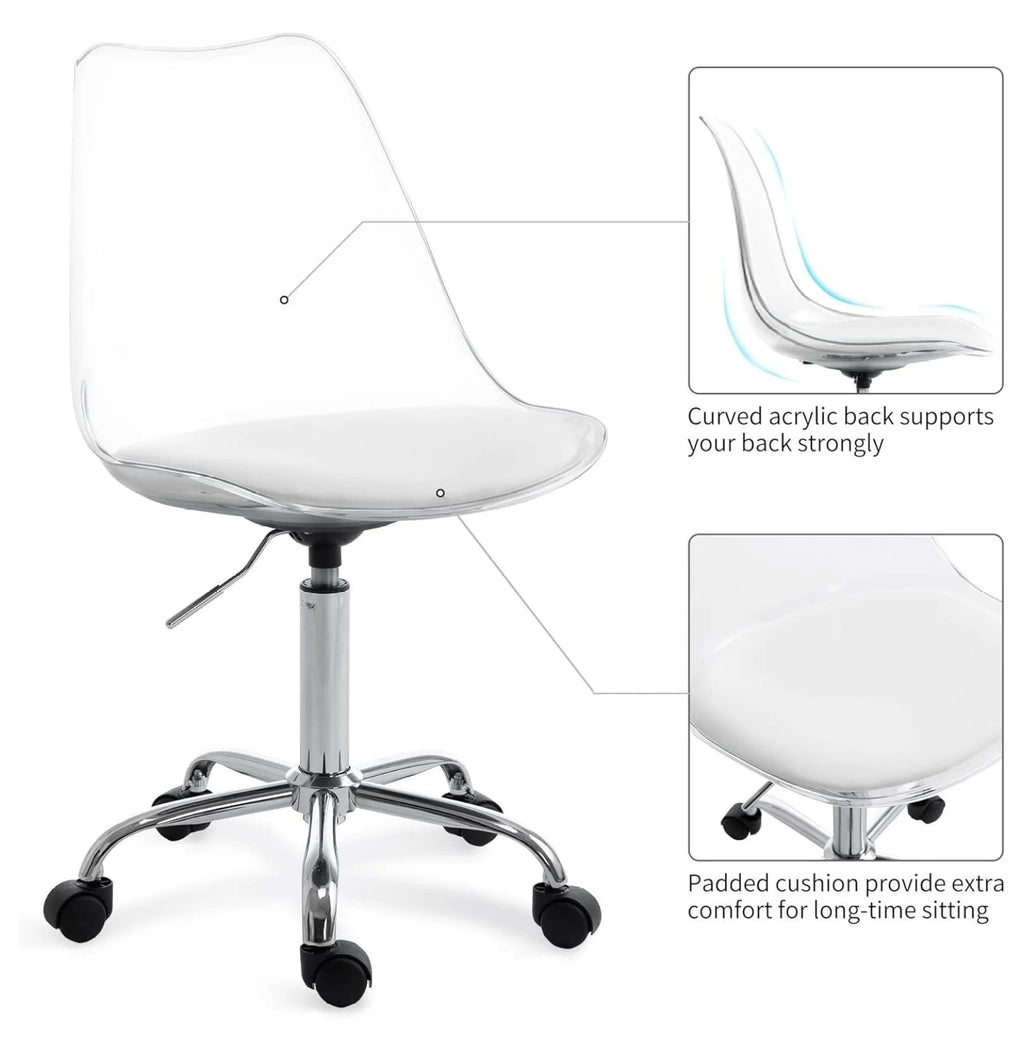 saney Clear Rolling Chair, Armless Desk Chair with Golden Feet Swivel Molded Plastic Shell Adjustable Home Office Chair with Wheels, Clear