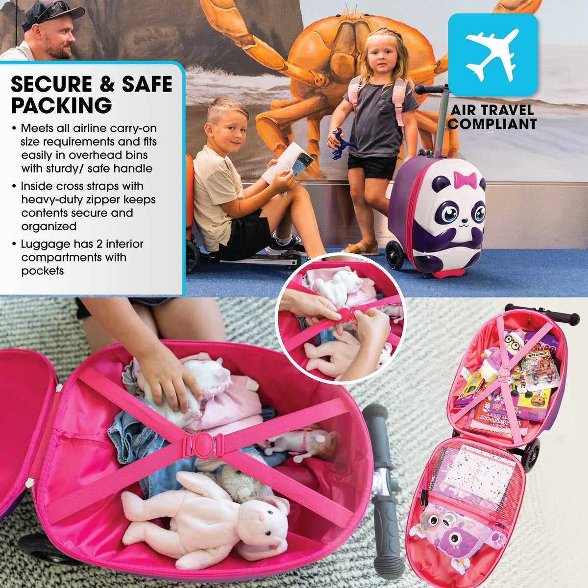 Kiddietotes Kid's Hard Shell Scooter Ride On Suitcase, Pink