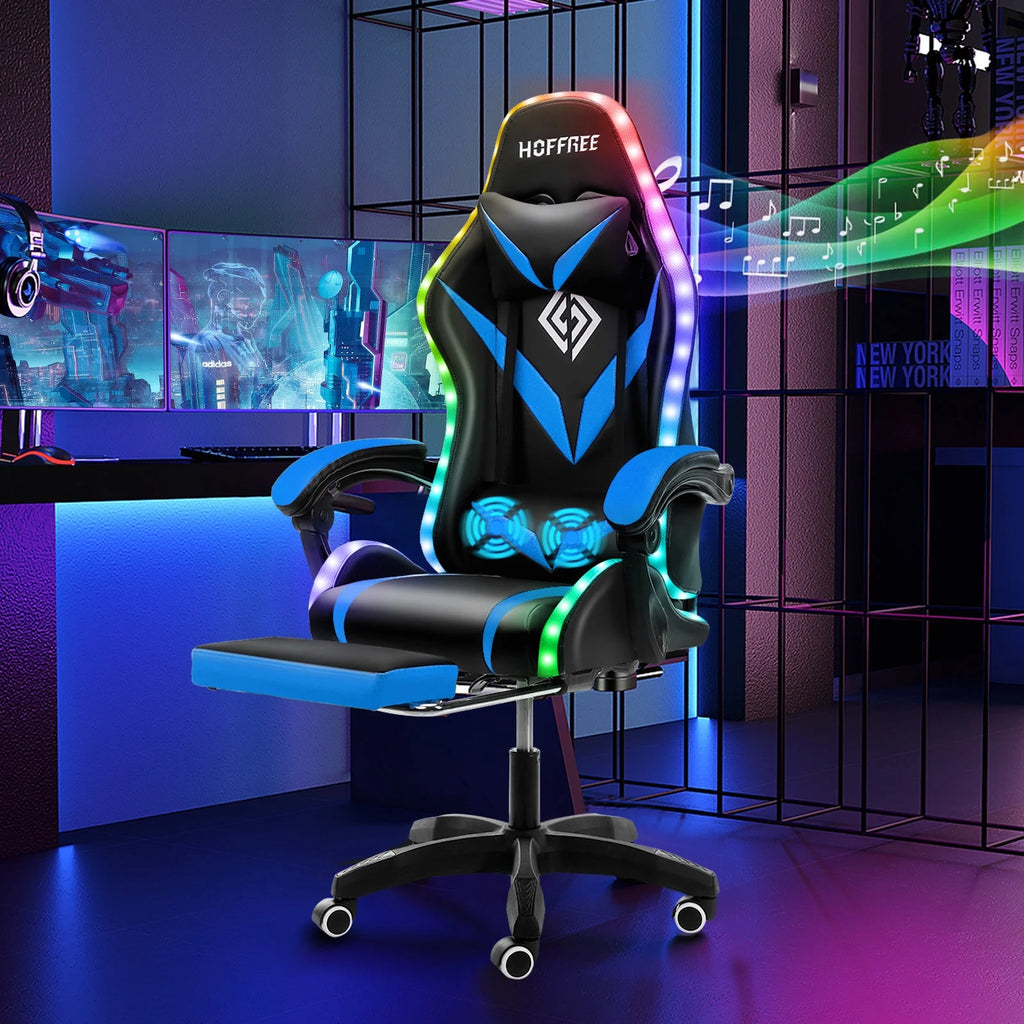 Hoffree Gaming Chair with Speakers PU Leather Office Chair with Footrest and LED Lights Ergonomic Gamer Chair with Massage Lumbar Support and Headrest Adjustable Swivel for Home Office 300lb
