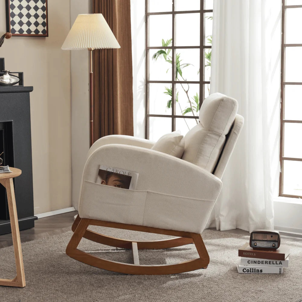 Hassch Upholstered Rocking Chair, Linen Fabric Glider Rocker with High Back, Accent Chair with Solid Wood Base, Reading Chair with Side Pocket for Living Room Bedroom Balcony, Gray