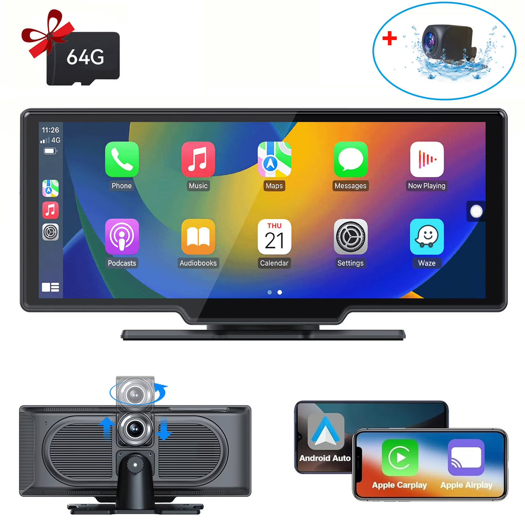 10.26�� Wireless Apple Carplay Screen with Android Auto, 4K Dash Cam, Backup Camera, Bluetooth, GPS, Voice Control