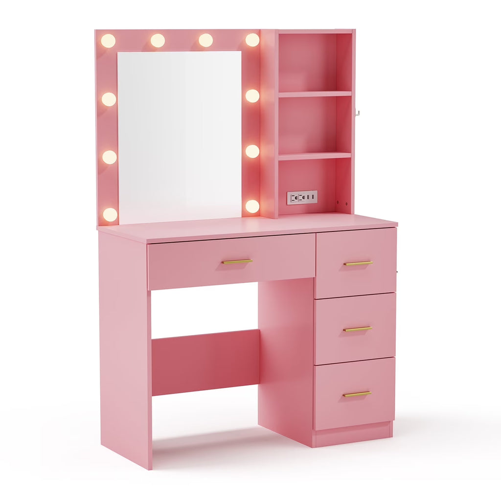 Makeup Vanity with Mirror and 3 Color Lights,Vanity Dressing Table with USB Charging Station,4 Drawers,Open Storage Shelves,White