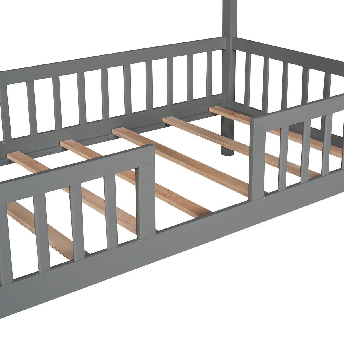 Euroco Twin Size Platform Bed, House Bed with Fence for Kids, Gray