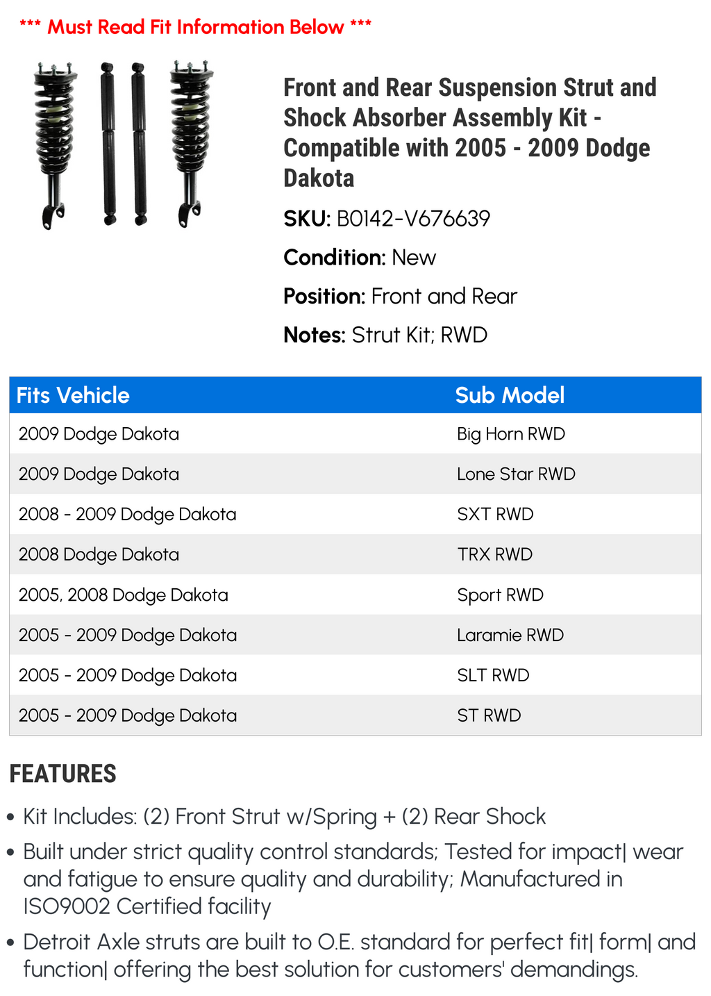 Front and Rear Suspension Strut and Shock Absorber Assembly Kit - Compatible with 2005 - 2009 Dodge Dakota 2006 2007 2008