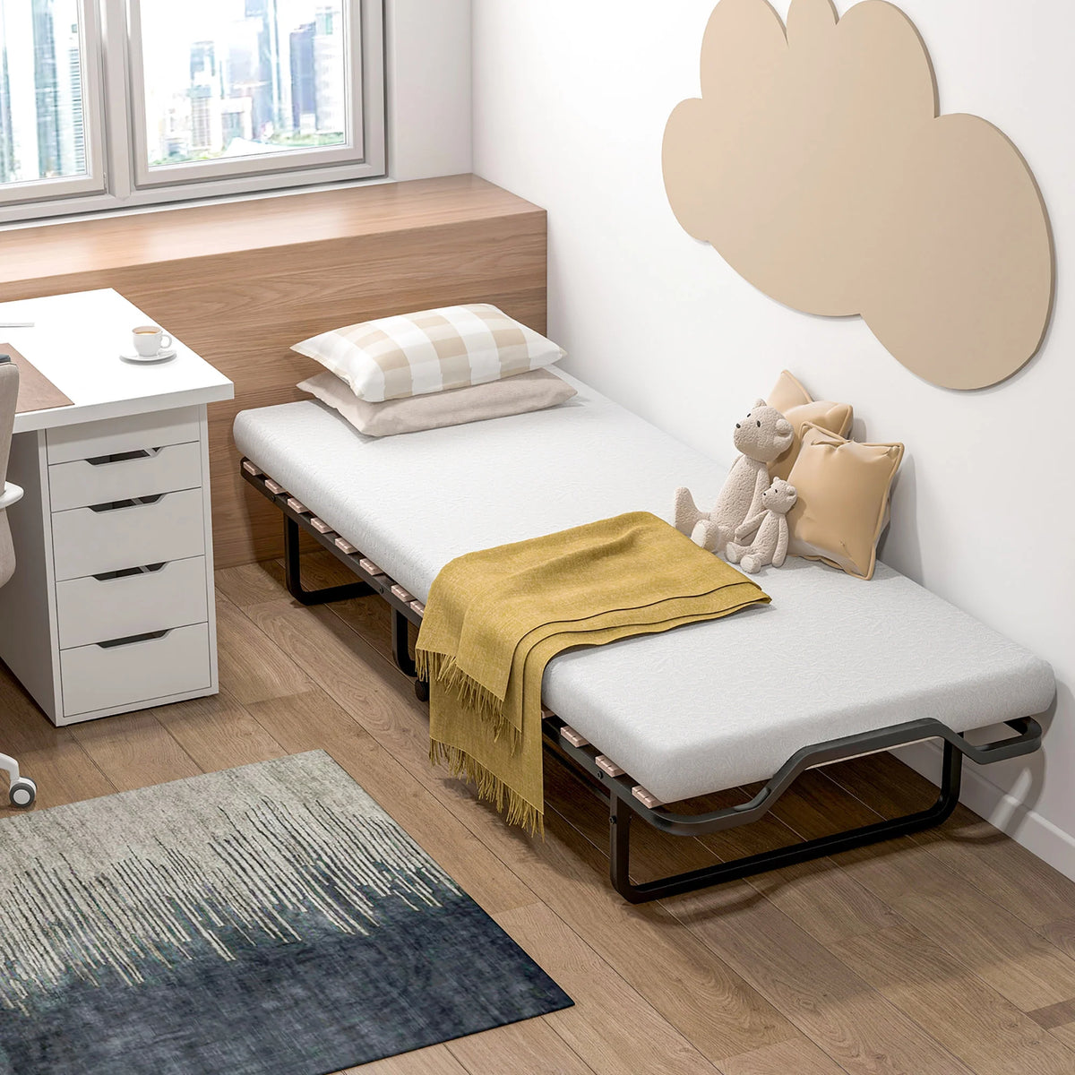 Gymax Portable Foldable Guest Bed w/ Solid Wood Slats & Metal Frame Rollaway Bed for Adults w/ Wheel