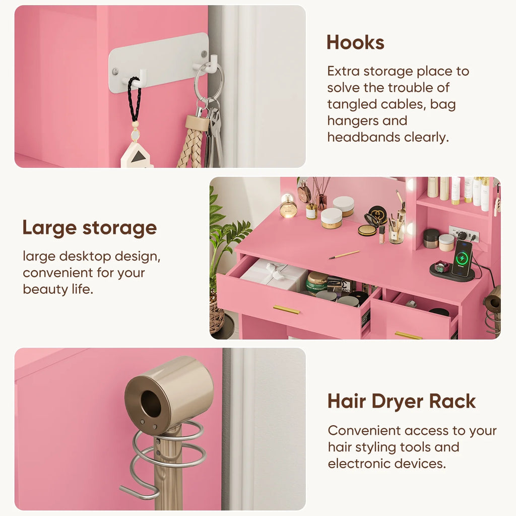 Makeup Vanity with Mirror and 3 Color Lights,Vanity Dressing Table with USB Charging Station,4 Drawers,Open Storage Shelves,White