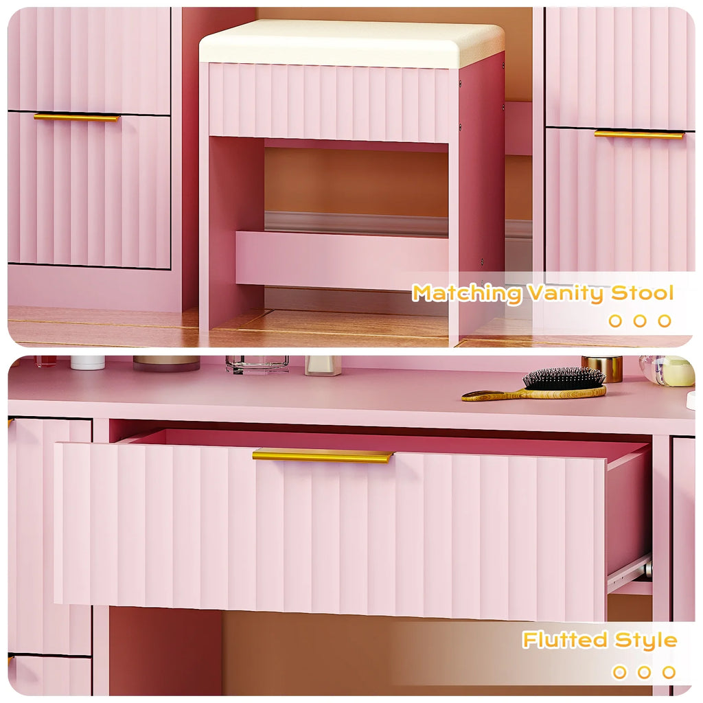 Ktaxon Lighted Makeup Vanity, White Vanity Table Set with 2 Drawer and Charging Station, Femal Gift