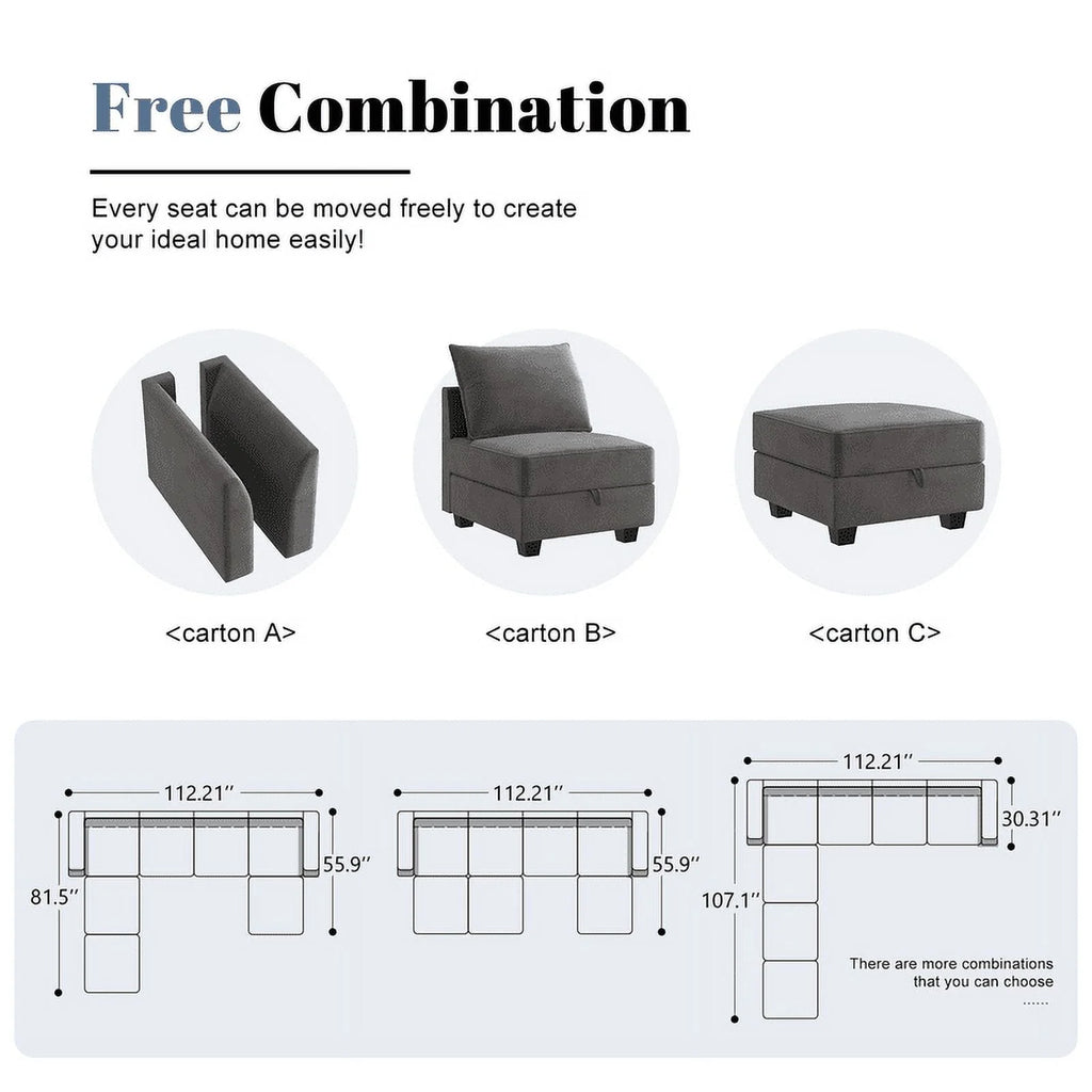 HONBAY Modular Sectional Sofa with Ottoman Oversized U Shaped Couch with Reversible Chaise Velvet Sleeper Modular Sofa Convertible Sectional Couch for Living Room, Grey