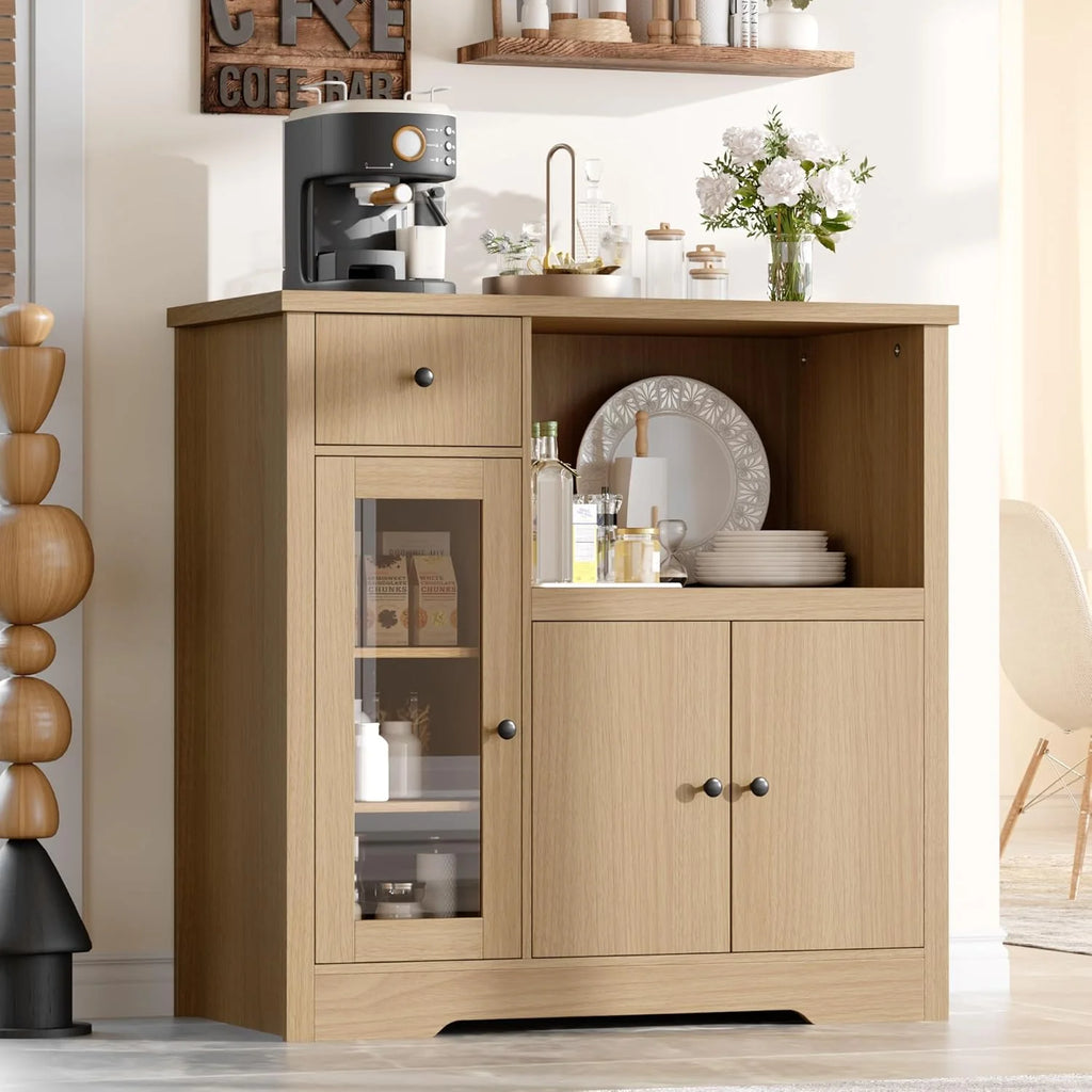 Kitchen Microwave Cabinet with Storage,Buffet Sideboard with 3 Doors, 1 Drawer & Adjustable Shelves, Pantry Storage Cabinet, White