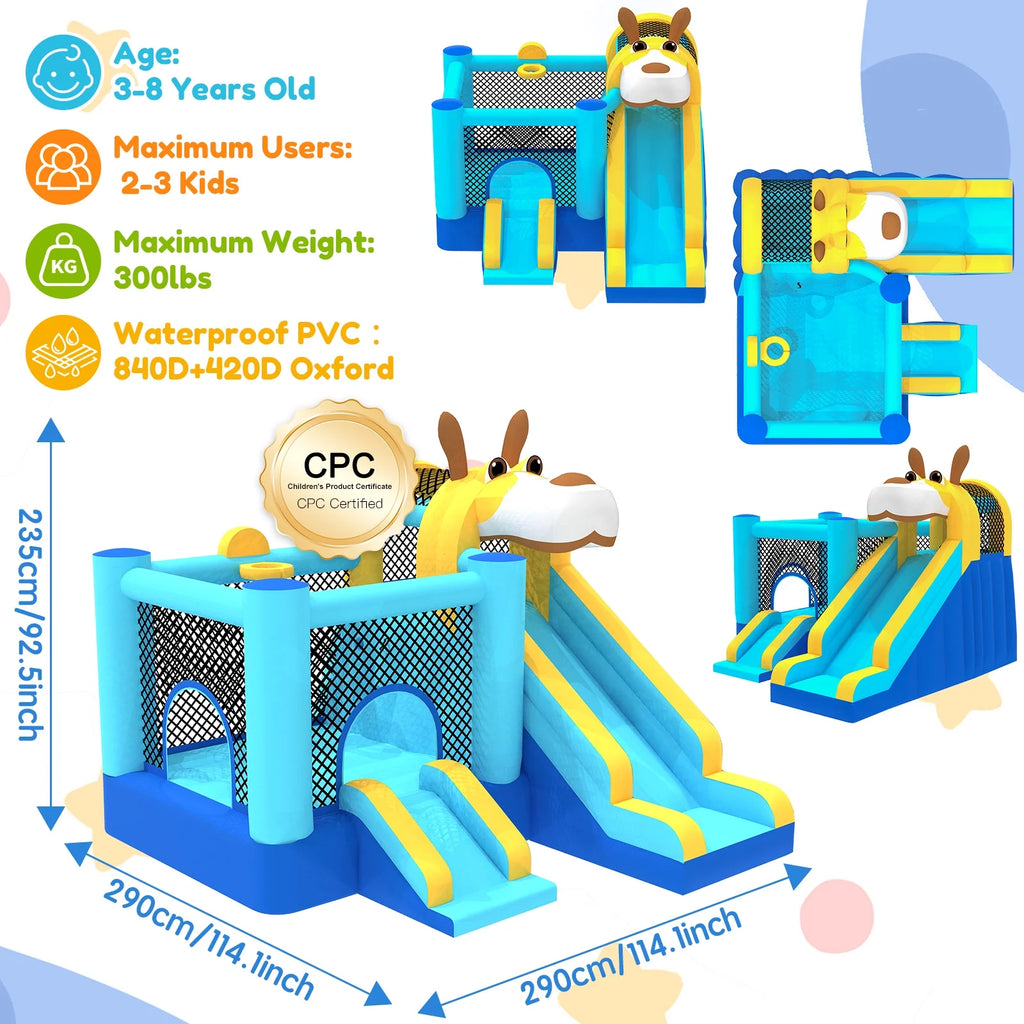 Mukidy 114''x 114'' x 92.5'' Inflatable Bounce Houses for Kids 3-10 with Blower Double Slide and Ball Pit/Indoor Bouncy House, PVC, Child, Teen, Toddler，Blue