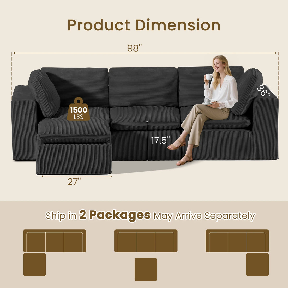 Cloud Sectional Couches for Living Room, Modular L-Shaped Sofa with Ottoman, Corduroy Sleeper Sofa Bed, No Assembly Compression Memory Foam Couch,White