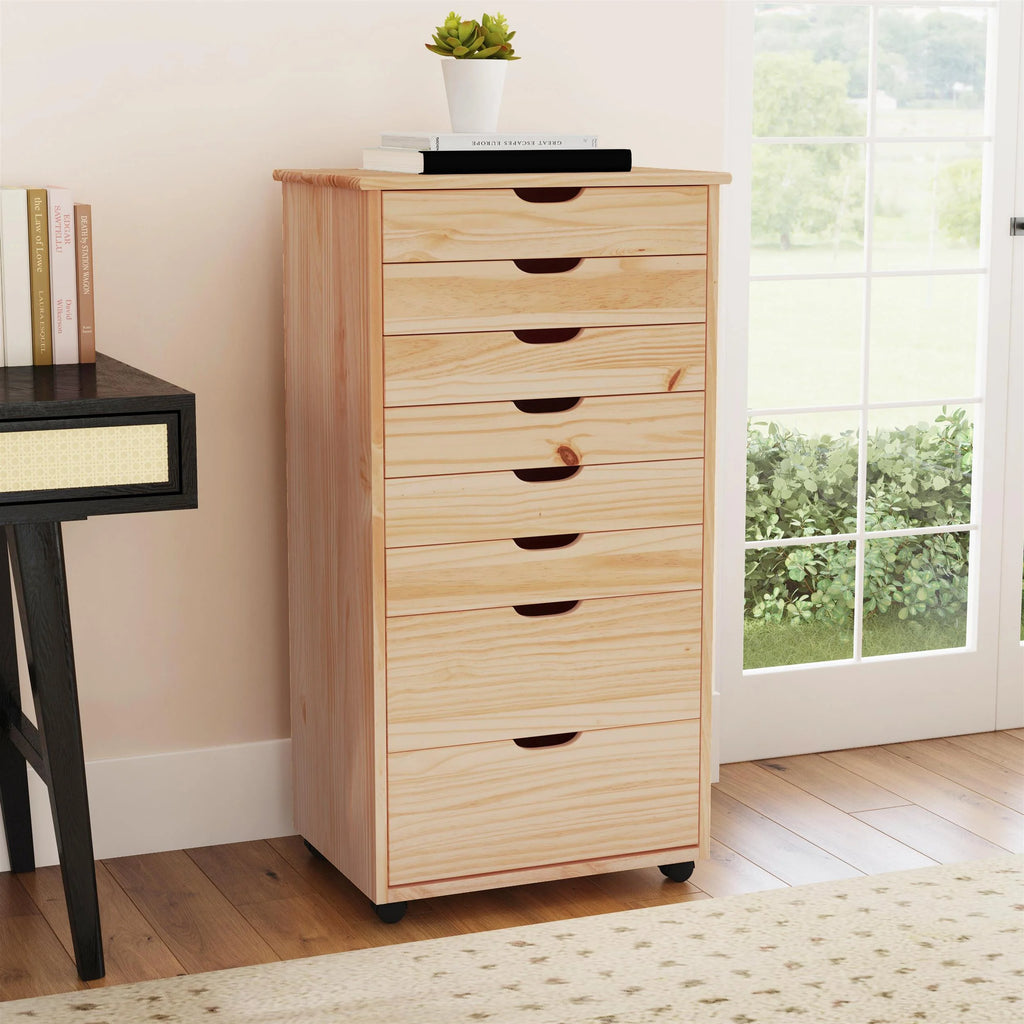 Linon Callie Eight Drawer Rolling Storage Cart in Natural Stained Wood