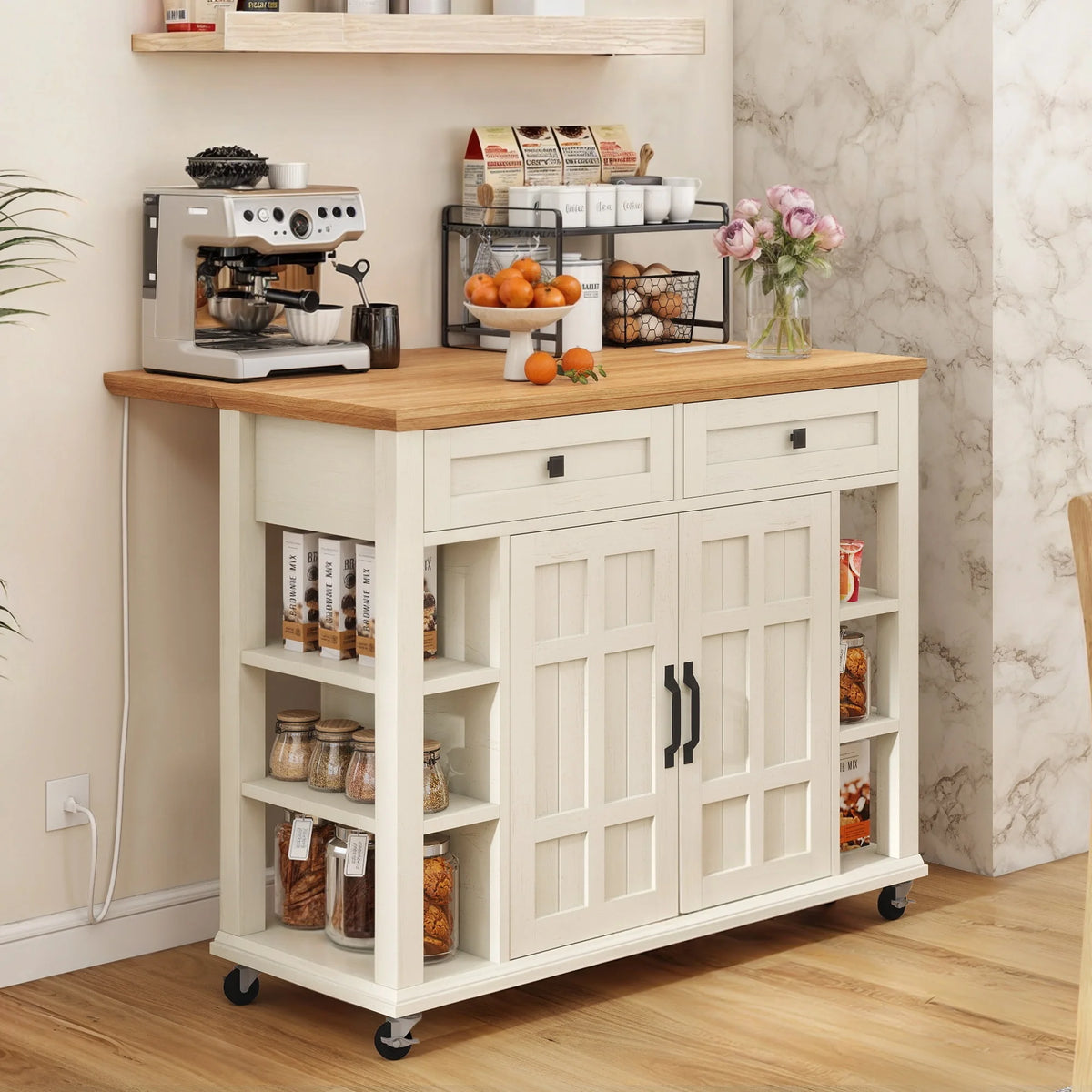 DWVO Kitchen Storage Cart with Power Outlets, Rolling Kitchen Island with Storage Shelves and Drawers, Blue Gray