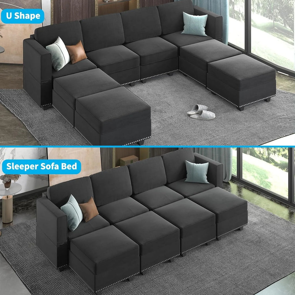Mjkone Modular Sectional Sofa with Adjustable Armrest and Backrest for Living Room，U/L  Shaped Couch 8 Seater Convertible Sectional Couch with Storage Ottoman for Living Room,Dark Grey