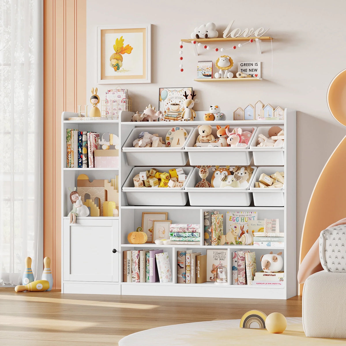 Hiphuta 55"In Kids Bookcase with Toy Storage Organizer, Wood Cube Bookcase Toy Chest of 8 Compartments & 6 Movable Bins, Bookshelf for Kids Bedroom, White
