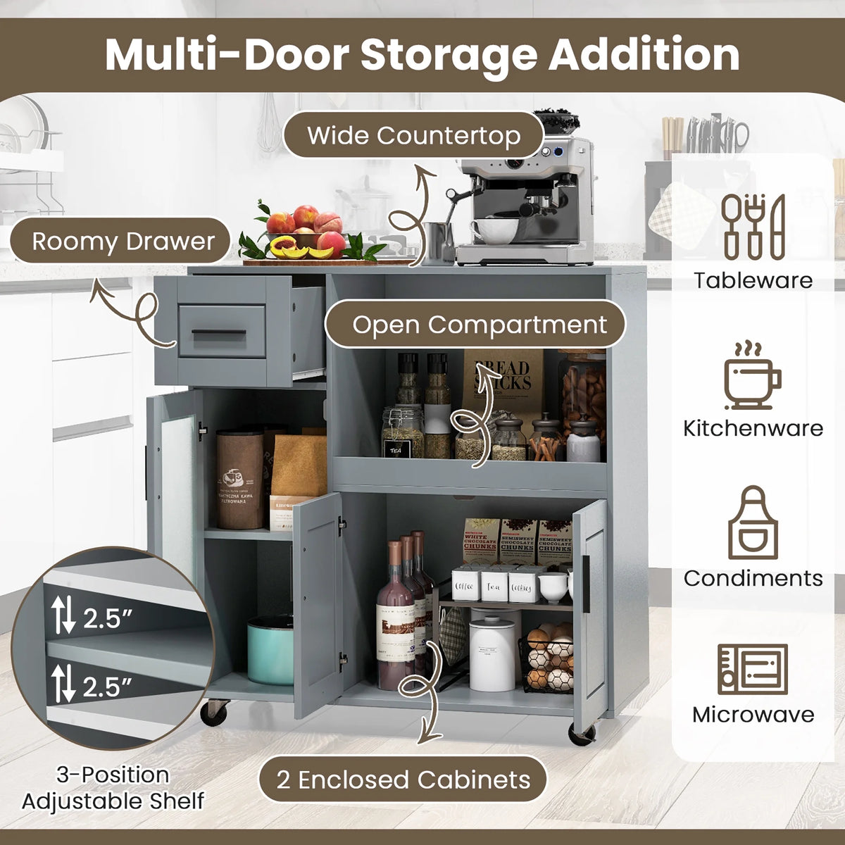 Gymax Kitchen Island Cart on Wheels Microwave Cabinet w/ Frosted Tempered Glass Door