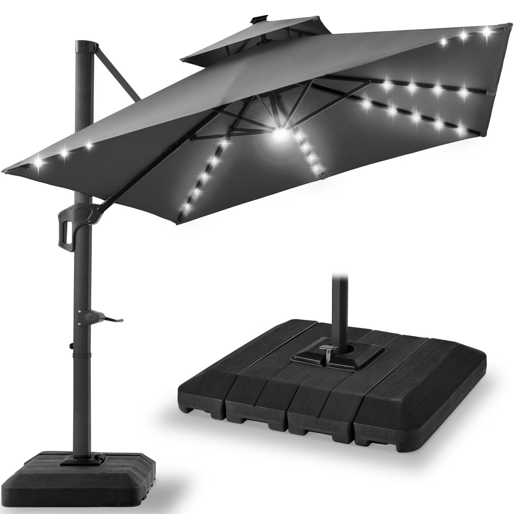Best Choice Products 10x10ft 2-Tier Square Outdoor Solar LED Cantilever Patio Umbrella w/ Base Included - Tan