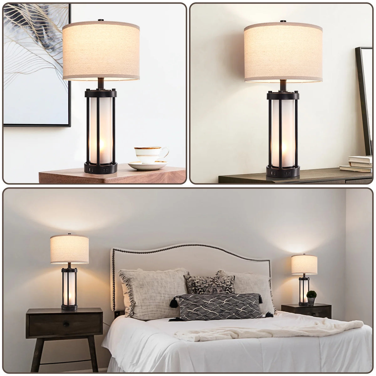 RORIA 24a?? Modern Living Room Table Lamp 2-Piece Set with 2 USB Charging Ports, Built-in White Frosted Glass with Night Light, Black Vintage Rustic Farmhouse Lamp for Bedroom Nightstand Lamps