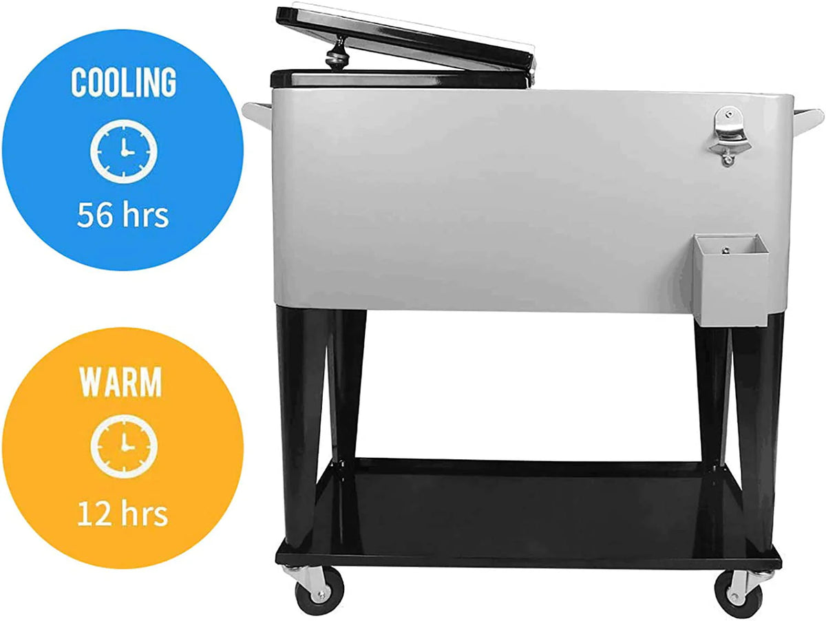 FreeLung 80QT Rolling Cooler Cart with Wheels Ice Chest Outdoor Backyard Coolers on Wheels Silver