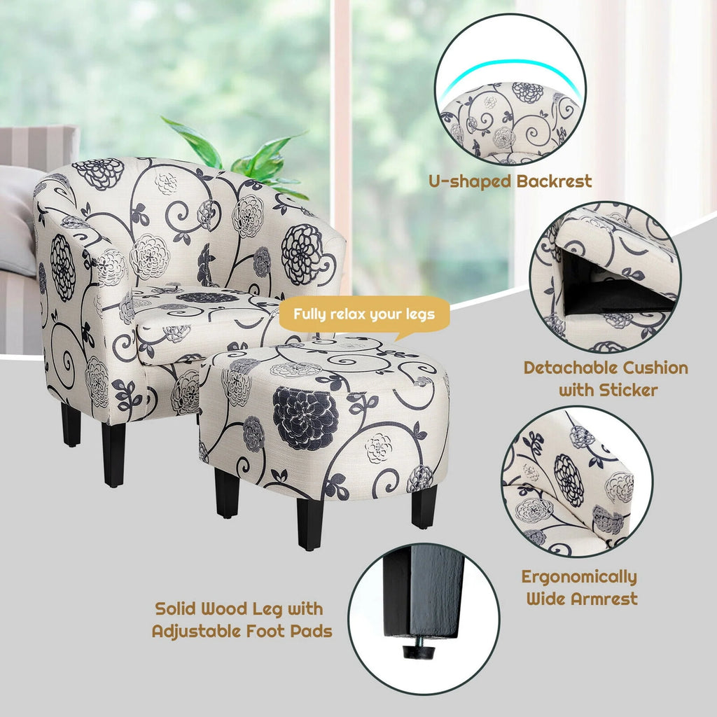 Gymax Modern Accent Tub Chair&Ottoman Set Fabric Upholstered Club Chair Grey Floral
