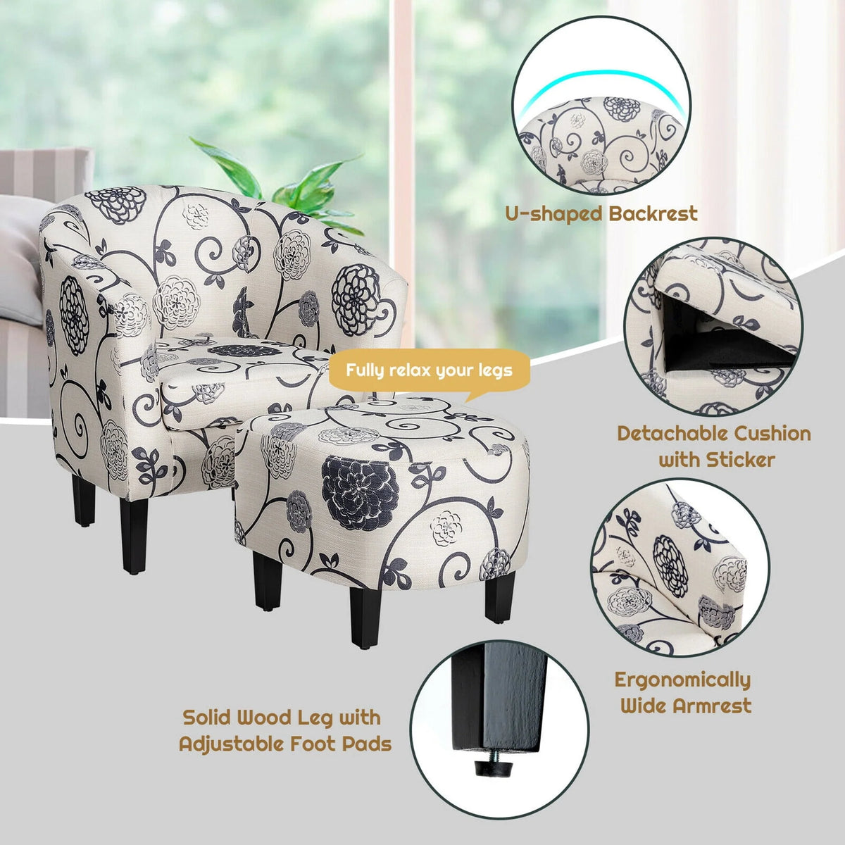 Gymax Modern Accent Tub Chair&Ottoman Set Fabric Upholstered Club Chair Grey Floral