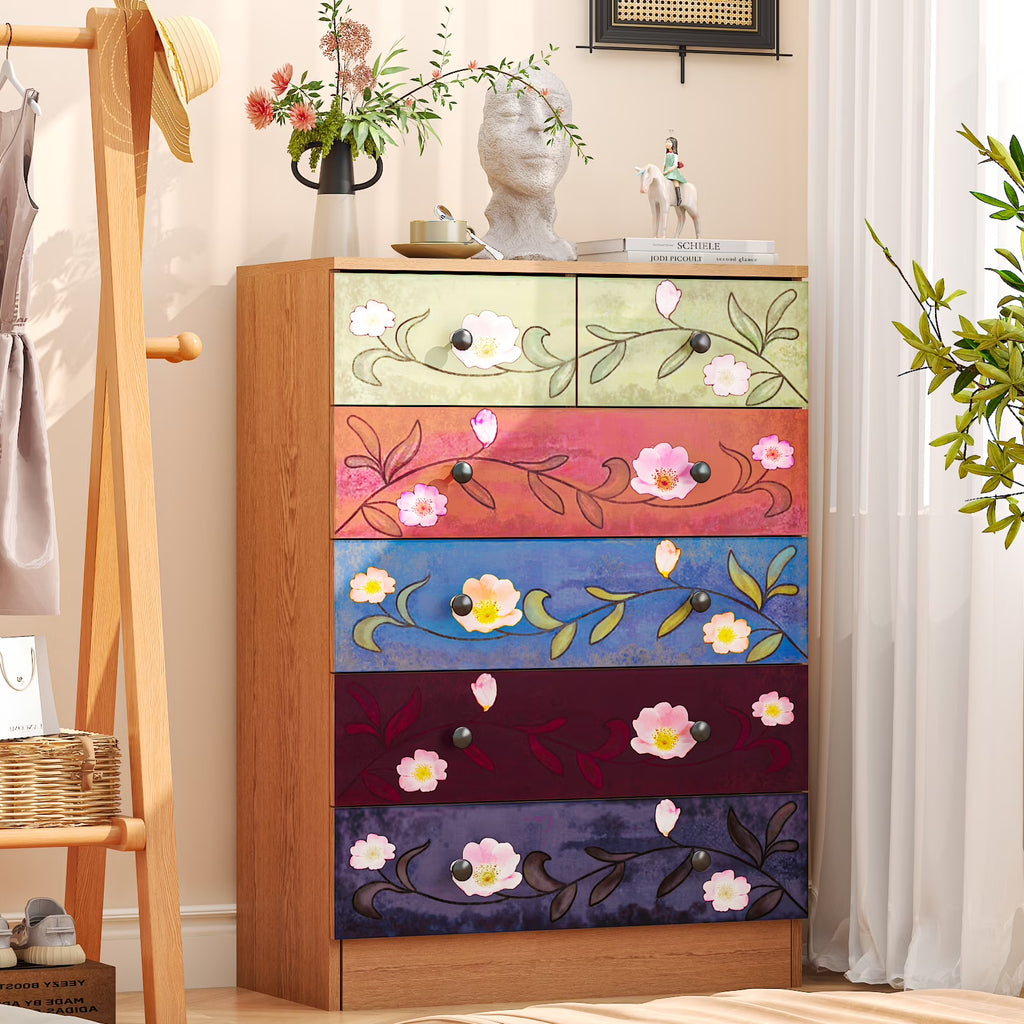 Ktaxon Wood 6-Drawer Dresser Organizer for Bedroom Storage Tower for Entryway Hallway Closet, Tall Chest Organizer Unit with Wood Bins, Floral Painted Wooden