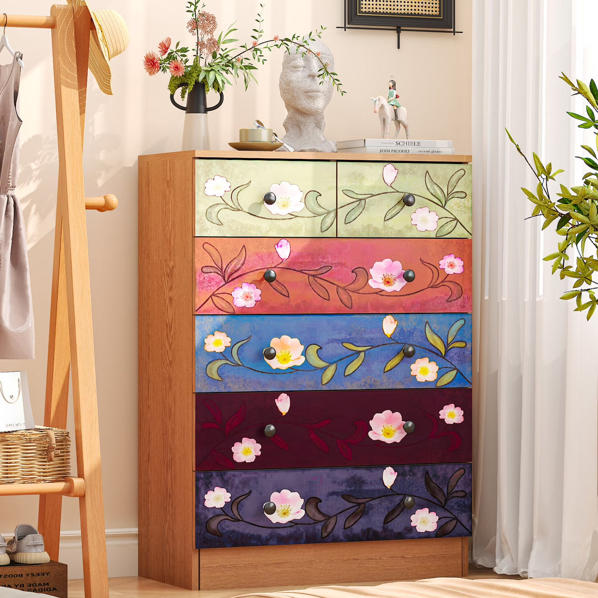 Ktaxon Wood 6-Drawer Dresser Organizer for Bedroom Storage Tower for Entryway Hallway Closet, Tall Chest Organizer Unit with Wood Bins, Floral Painted Wooden
