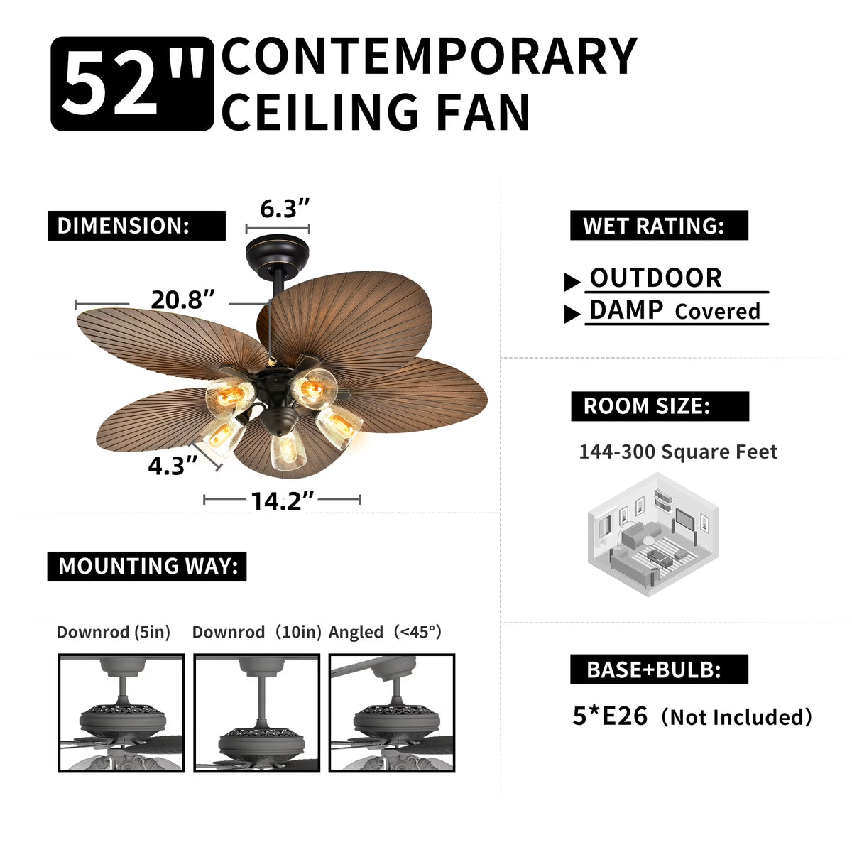 52 Inch Tropical Ceiling Fans with Light and Remote, Fan Light with Memory Function, 3 Speed & Lights Colors Changing, Outdoor Palm Leaf Fan - Brown