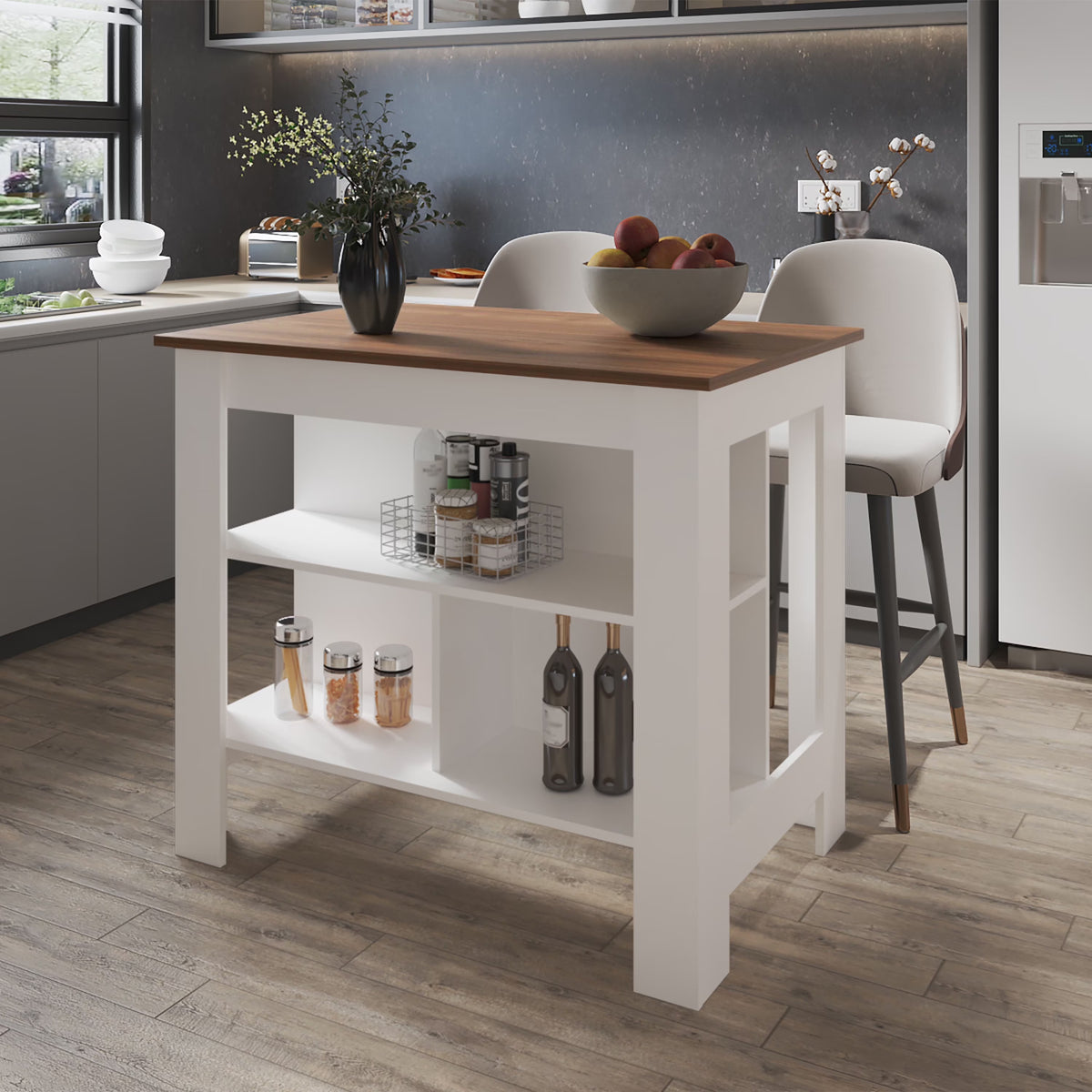 Cterwk Kitchen Island with Open Storage Shelf, Perfect for Living Room, Dining Room, Kitchen, Beige + White