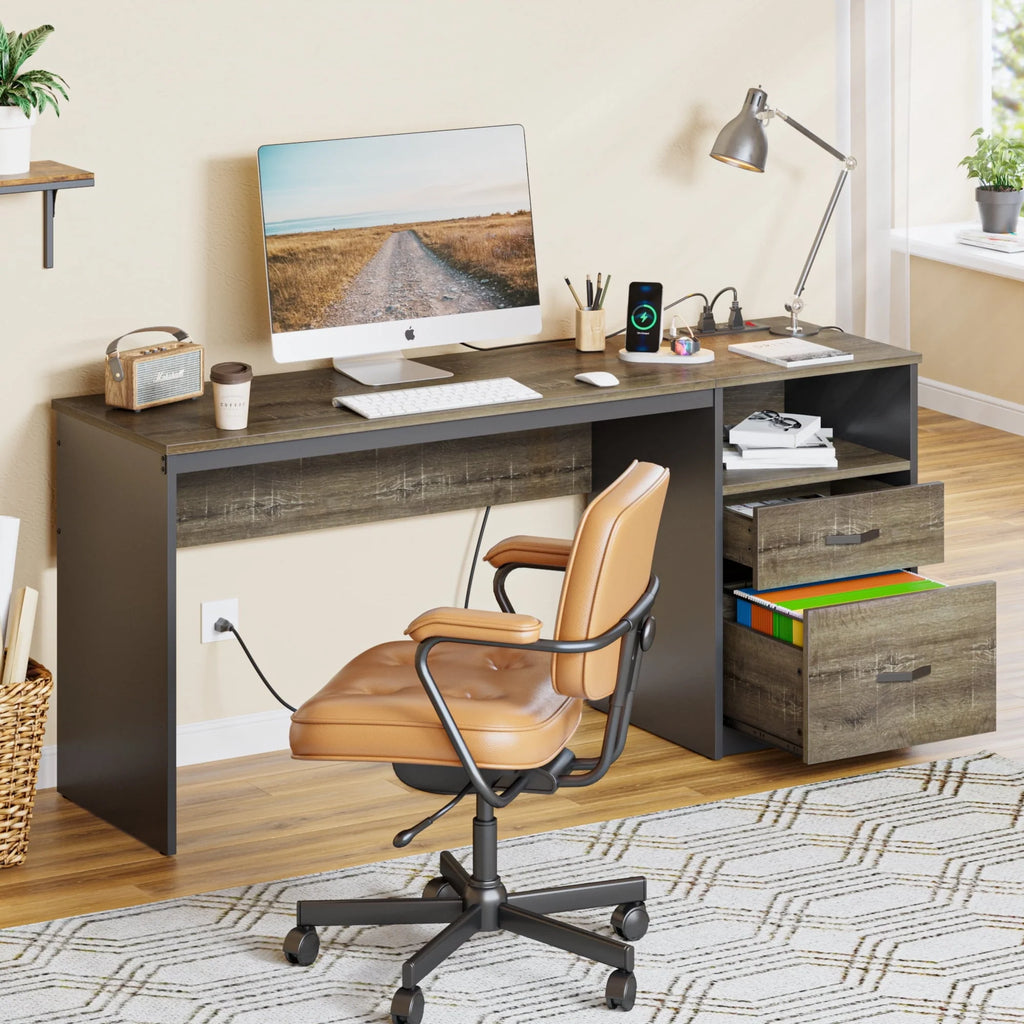 Bestier Computer Desk with Drawers Power Outlet  60" Office Desk Lift Top Desk, Gray