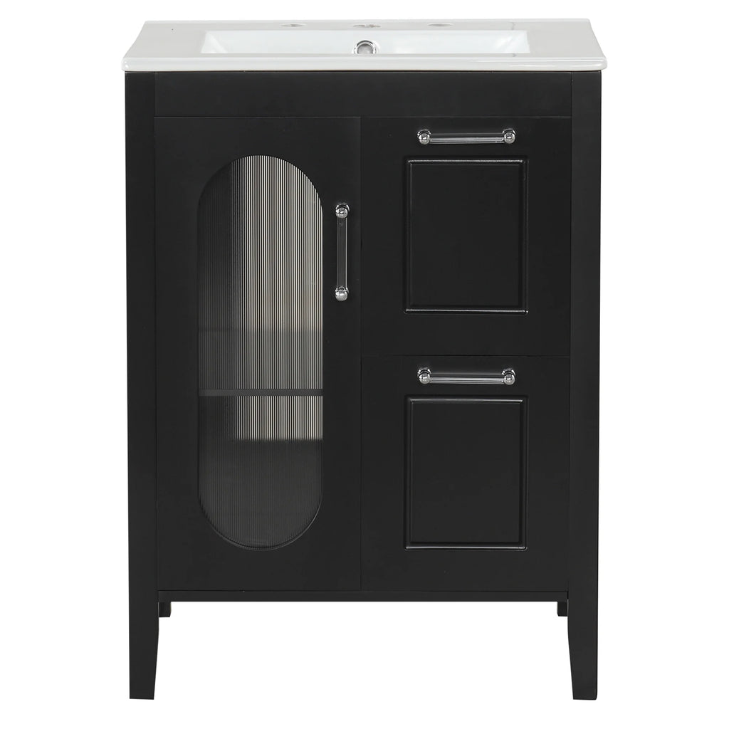 Soges 24" Bathroom Vanity with Ceramic Sink, Solid Wood Bathroom Makeup Cabinet with Door, Adjustable Shelf and 2 Drawer, Free Standing Single Basin Vanity Set for Small Bathroom, White