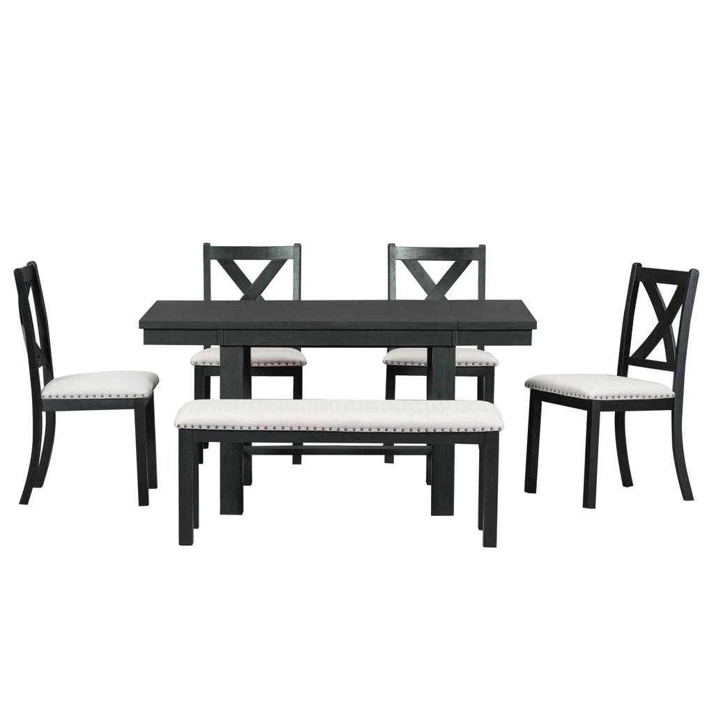 6 Piece Extendable Dining Table Set, Atumon Wood Dining Room Set for 6, Dining Table Set with 4 Beige Cushioned Chairs and Bench, Farmhouse Dining Table Set Furniture for Kitchen Dining Room, Natural