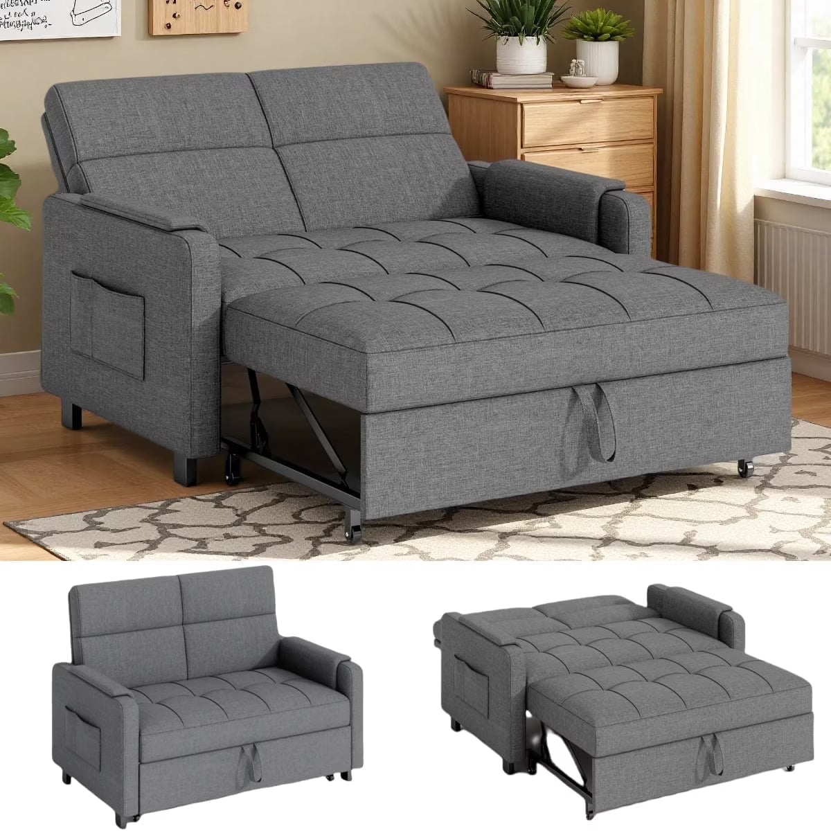 Sofa Bed, Lofka 3-in-1 Convertible Sleeper Sofa with Storage, Adjustable Backrest & Pull Out Function - Sleeper Chair for Small Space, Apartment, Dark Grey