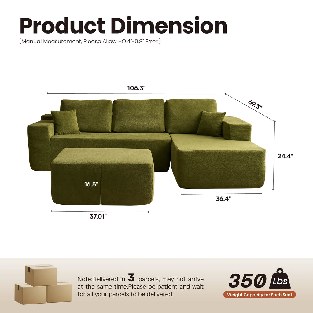 Ovios 106" L-Shaped Sectional Sofa Modern Modular Cloud Couch with Deep Seating Upholstered Sofa for Living Room Bedroom, No Assembly Required, Black(Corduroy)