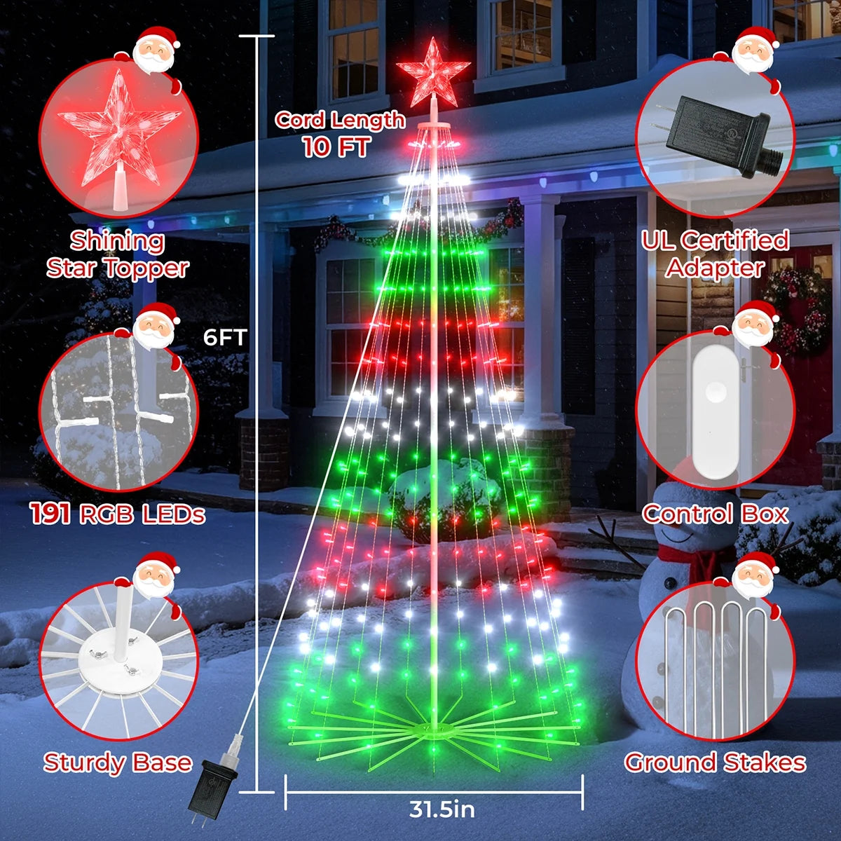 8FT 191 LED Christmas Cone Tree Smart Light with 58 Modes DIY Timer Remote Dimmable Artificial Christmas Tree for Porch Yard Patio Indoor Outdoor Xmas Holiday Decor